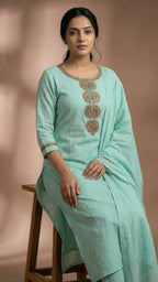 Sea Green Soft Cotton Long Kurti with Sequins & Cutdana Embroidery