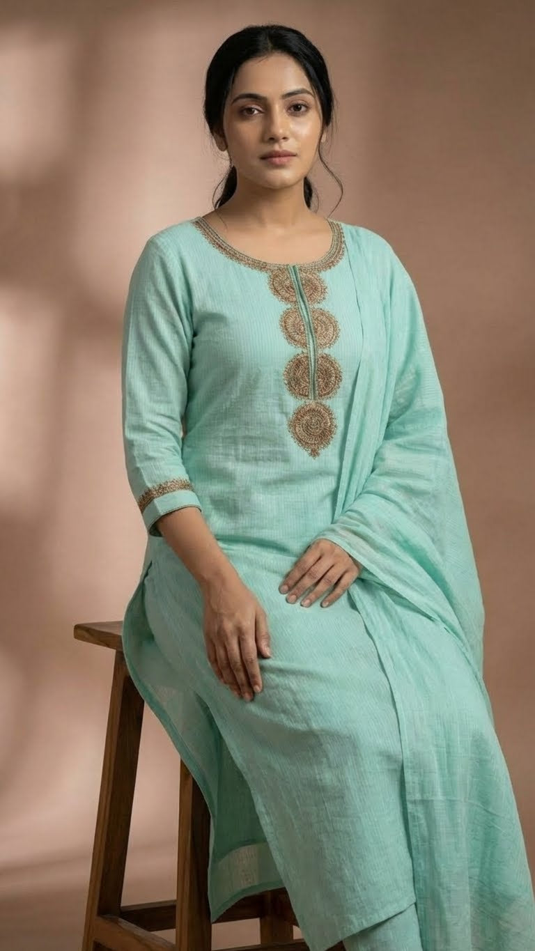 Sea Green Soft Cotton Long Kurti with Sequins & Cutdana Embroidery