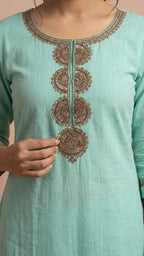 Sea Green Soft Cotton Long Kurti with Sequins & Cutdana Embroidery