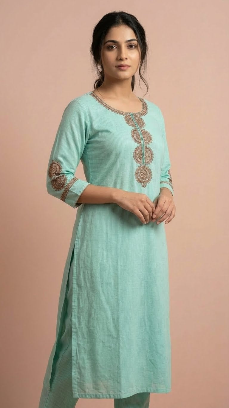 Sea Green Soft Cotton Long Kurti with Sequins & Cutdana Embroidery