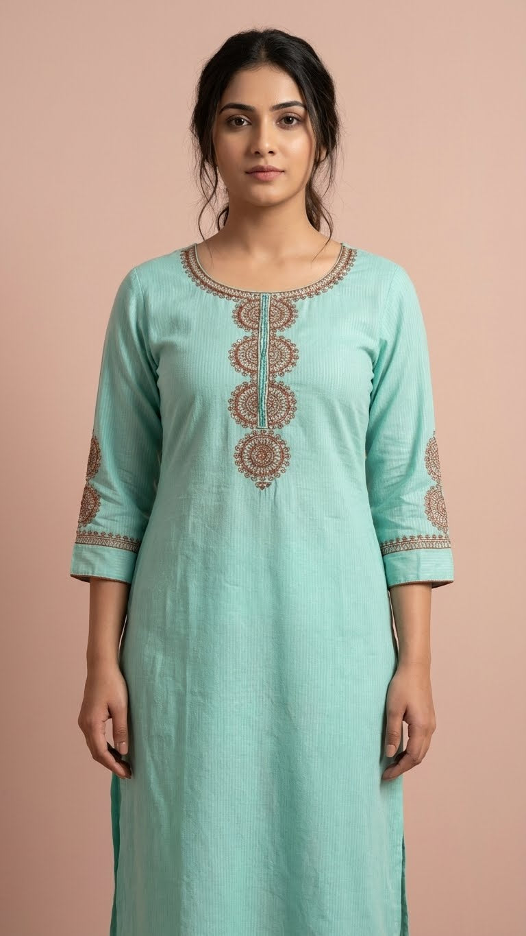 Sea Green Soft Cotton Long Kurti with Sequins & Cutdana Embroidery