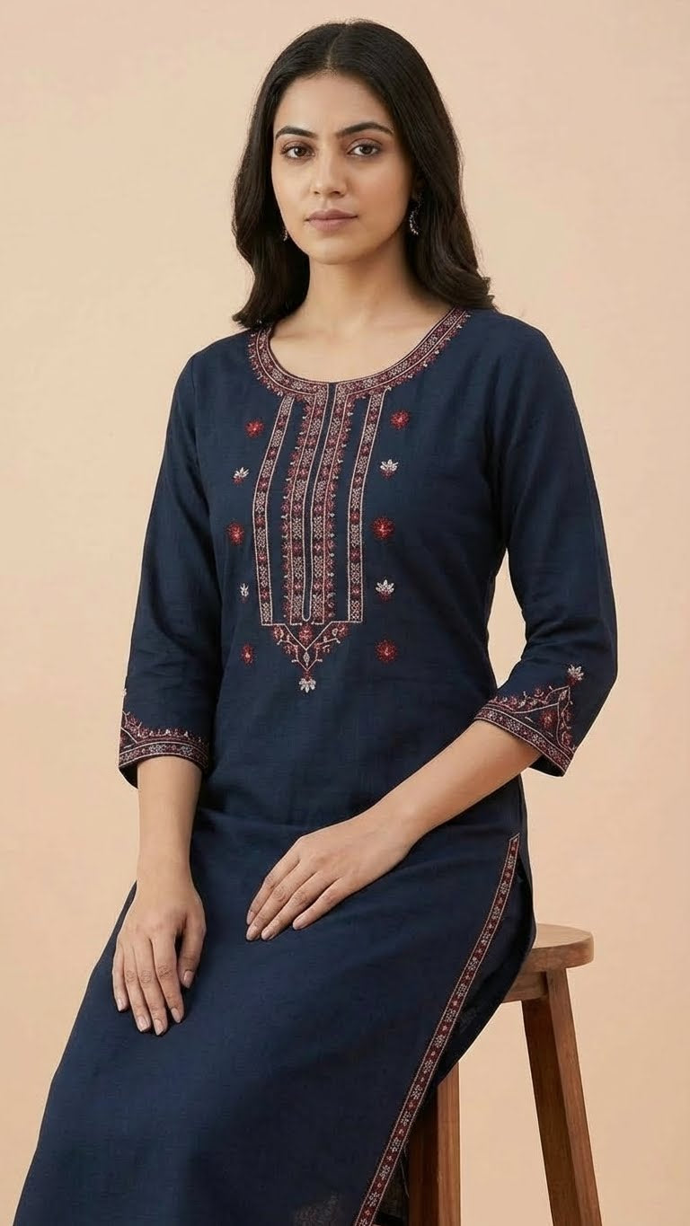 Navy Blue Soft Cotton Long Kurti with Elegant Thread Work & Stylish Sleeves