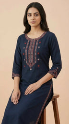 Navy Blue Soft Cotton Long Kurti with Elegant Thread Work & Stylish Sleeves