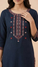 Navy Blue Soft Cotton Long Kurti with Elegant Thread Work & Stylish Sleeves