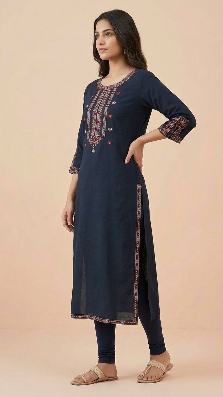 Navy Blue Soft Cotton Long Kurti with Elegant Thread Work & Stylish Sleeves