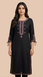 Black Soft Cotton Long Kurti with Quality Thread Embroidery & Stylish Sleeves