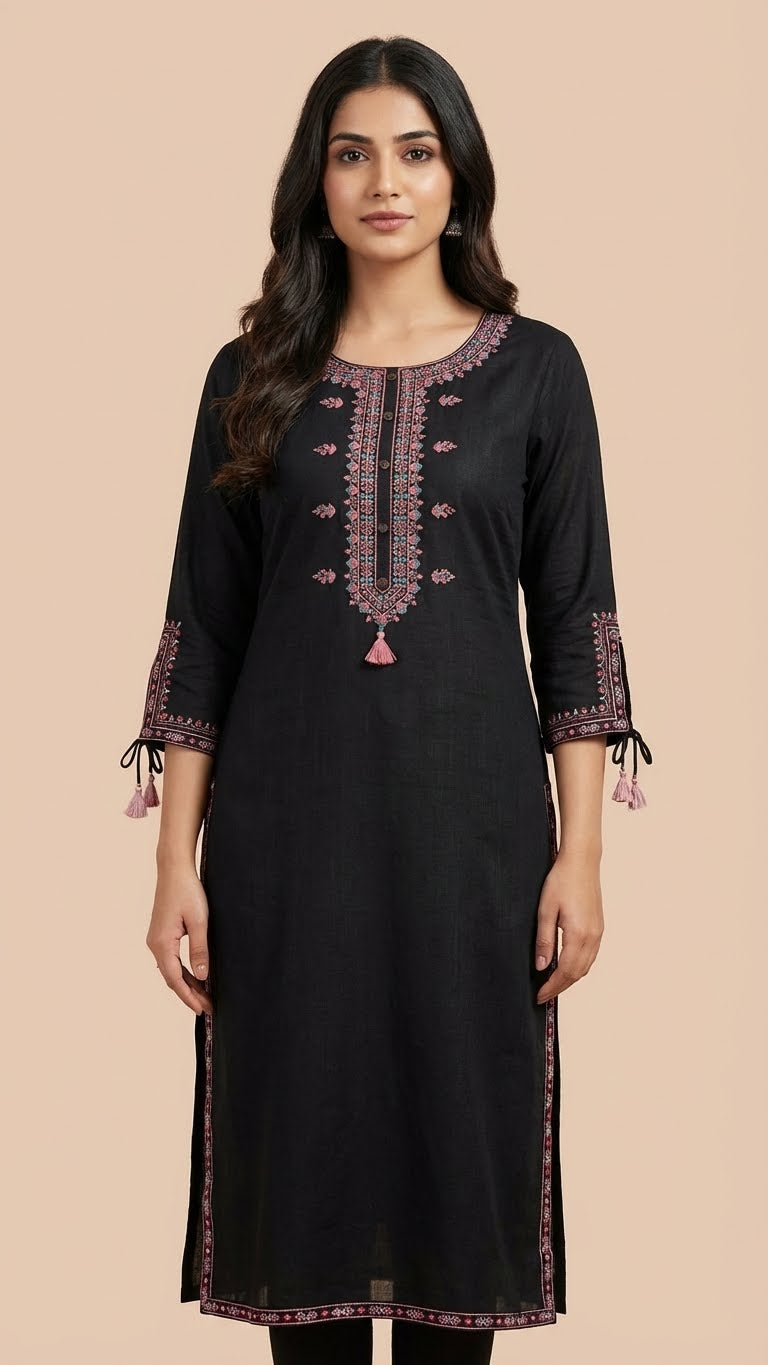 Black Soft Cotton Long Kurti with Quality Thread Embroidery & Stylish Sleeves