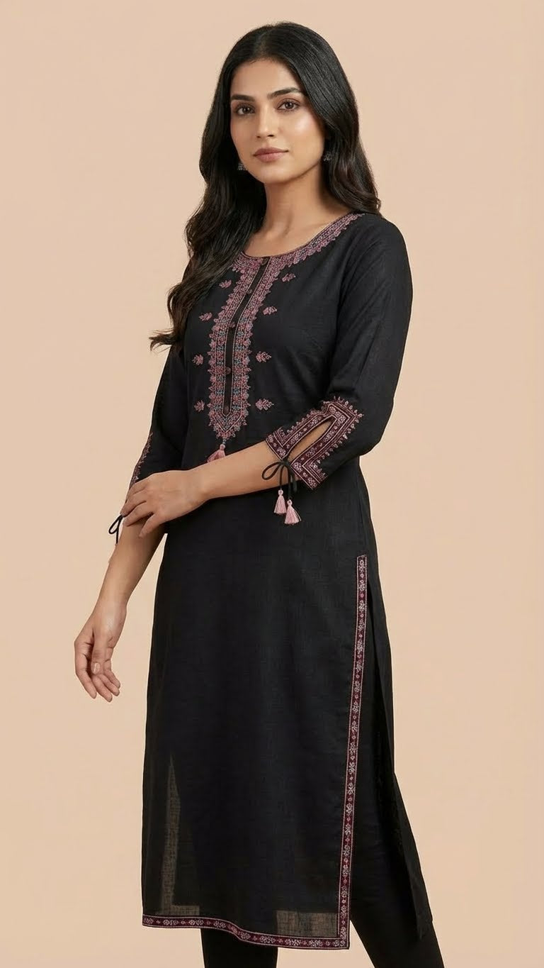 Black Soft Cotton Long Kurti with Quality Thread Embroidery & Stylish Sleeves