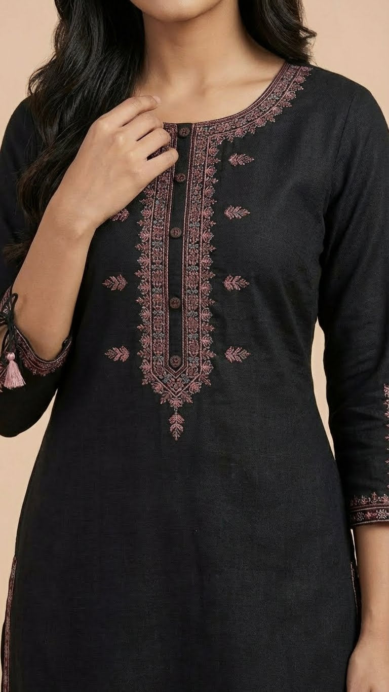 Black Soft Cotton Long Kurti with Quality Thread Embroidery & Stylish Sleeves