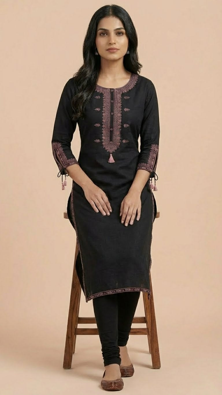 Black Soft Cotton Long Kurti with Quality Thread Embroidery & Stylish Sleeves