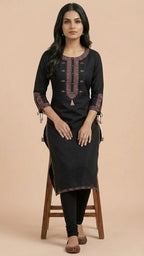 Black Soft Cotton Long Kurti with Quality Thread Embroidery & Stylish Sleeves