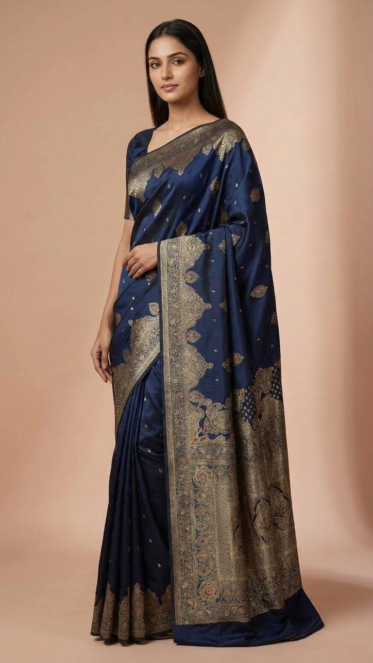 Navy Blue Silk Saree for Festive & Wedding Wear