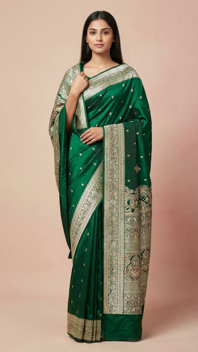 Emerald Green Silk Saree with Rich Zari Embroidery