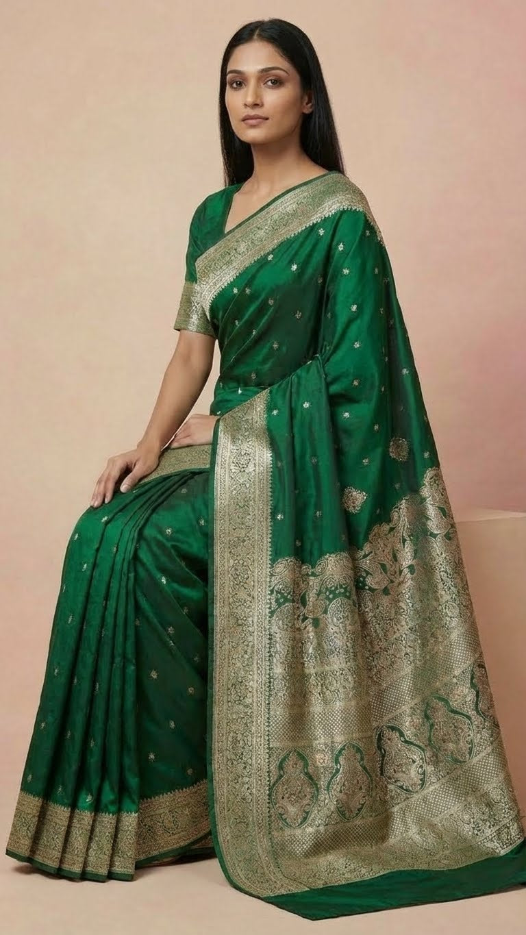 Emerald Green Silk Saree with Rich Zari Embroidery