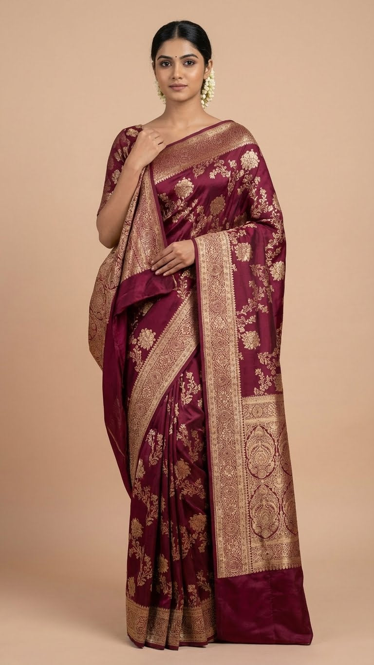 Wine Maroon Silk Saree with Rich Zari Embroidery