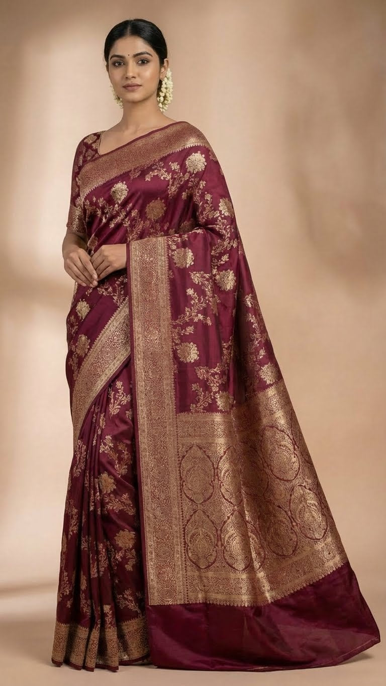 Wine Maroon Silk Saree with Rich Zari Embroidery