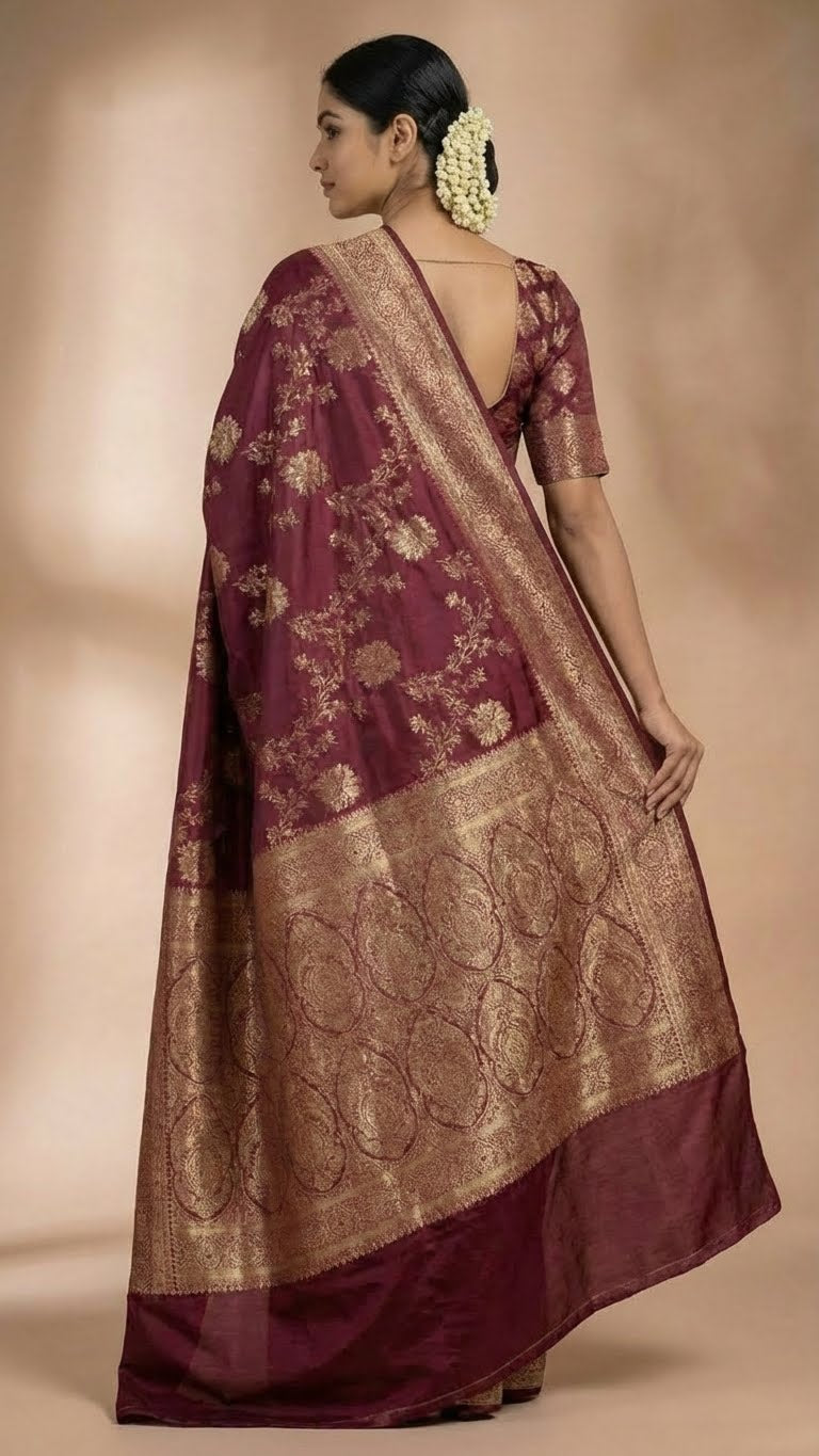 Wine Maroon Silk Saree with Rich Zari Embroidery