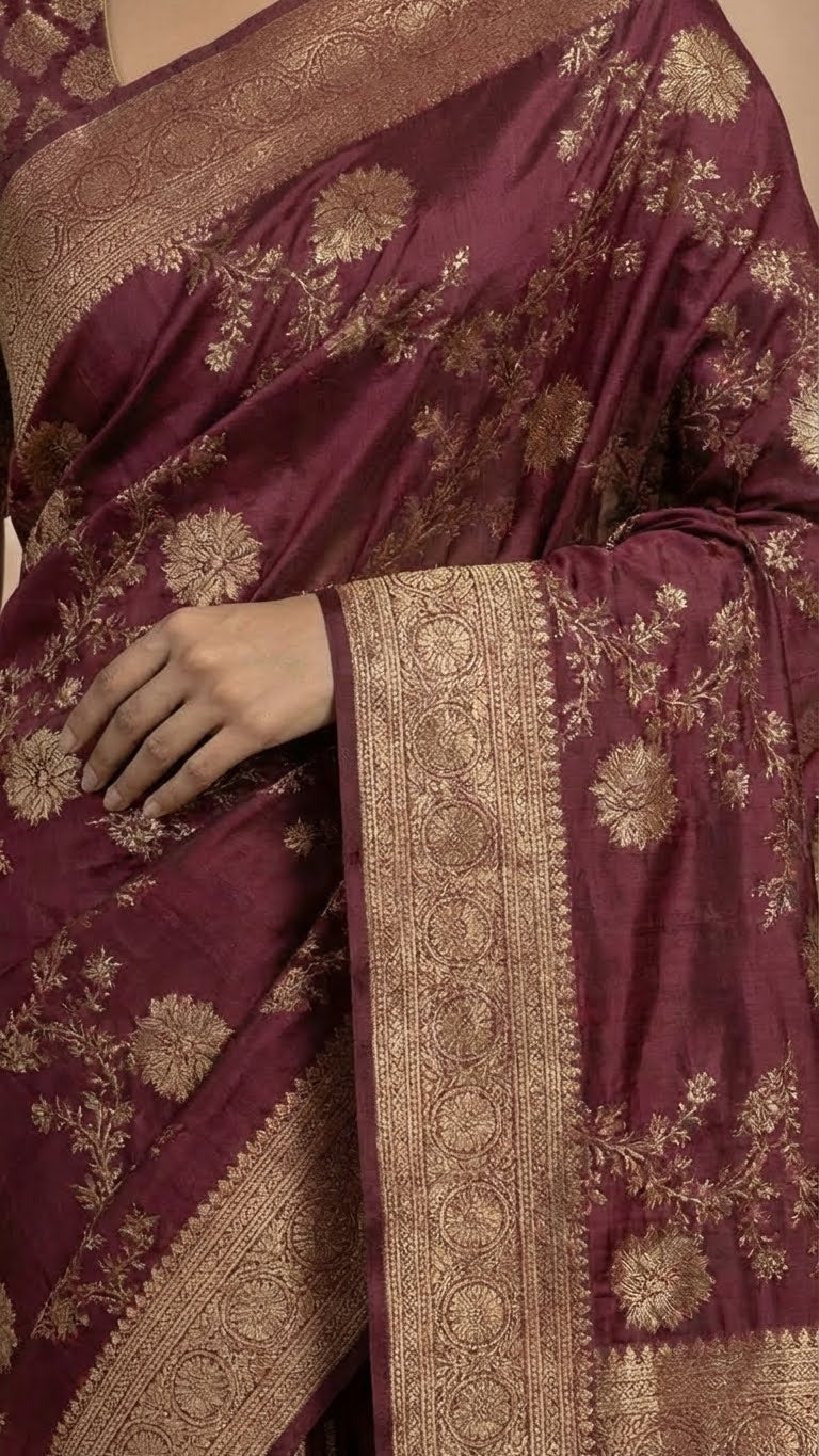 Wine Maroon Silk Saree with Rich Zari Embroidery