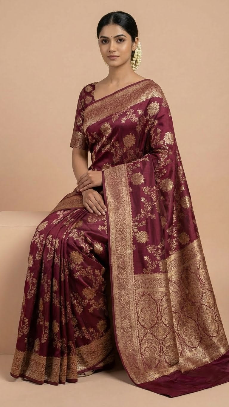Wine Maroon Silk Saree with Rich Zari Embroidery