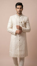 Cream Textured Embroidered Wedding Sherwani Set