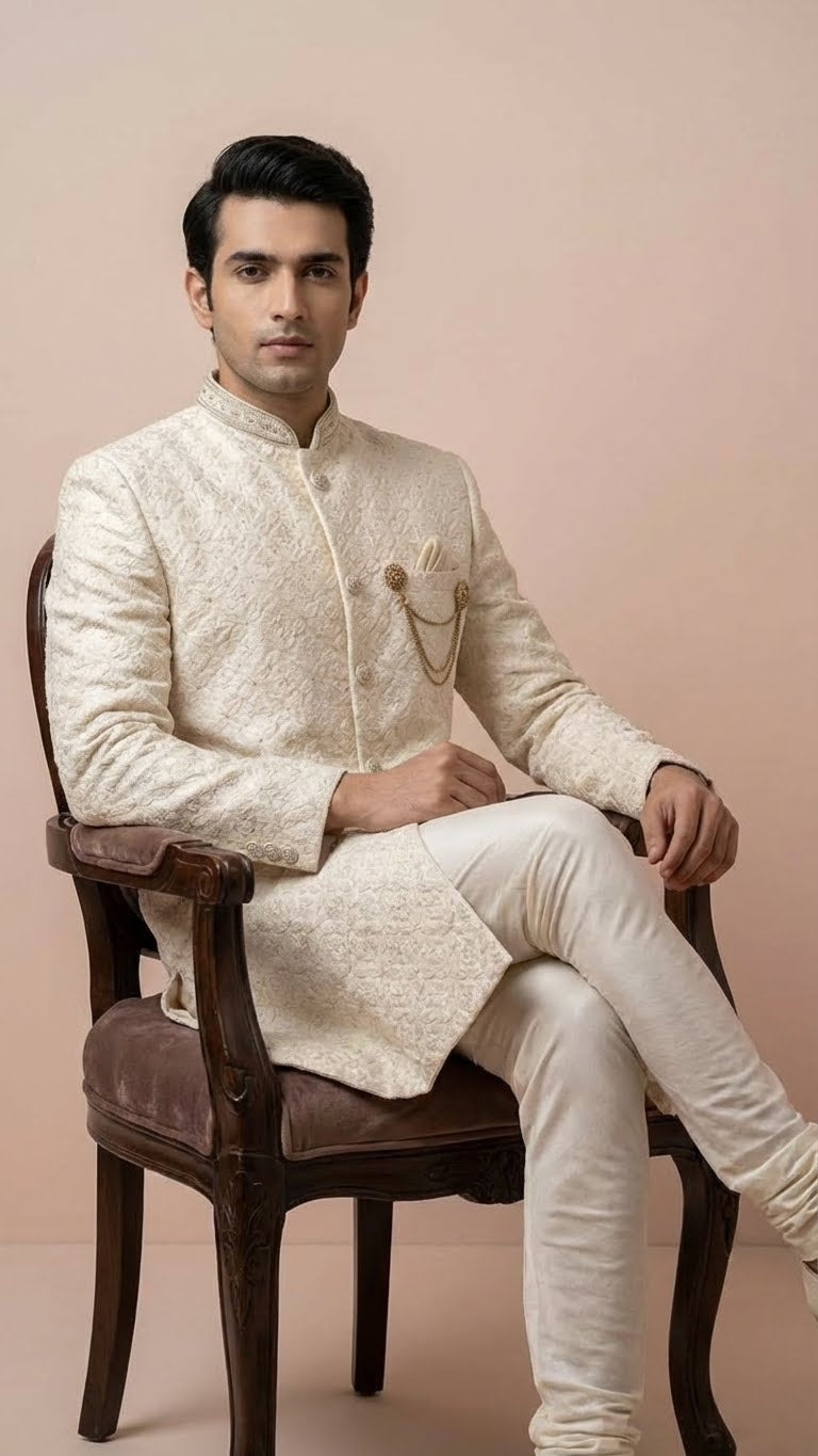 Cream Textured Embroidered Wedding Sherwani Set