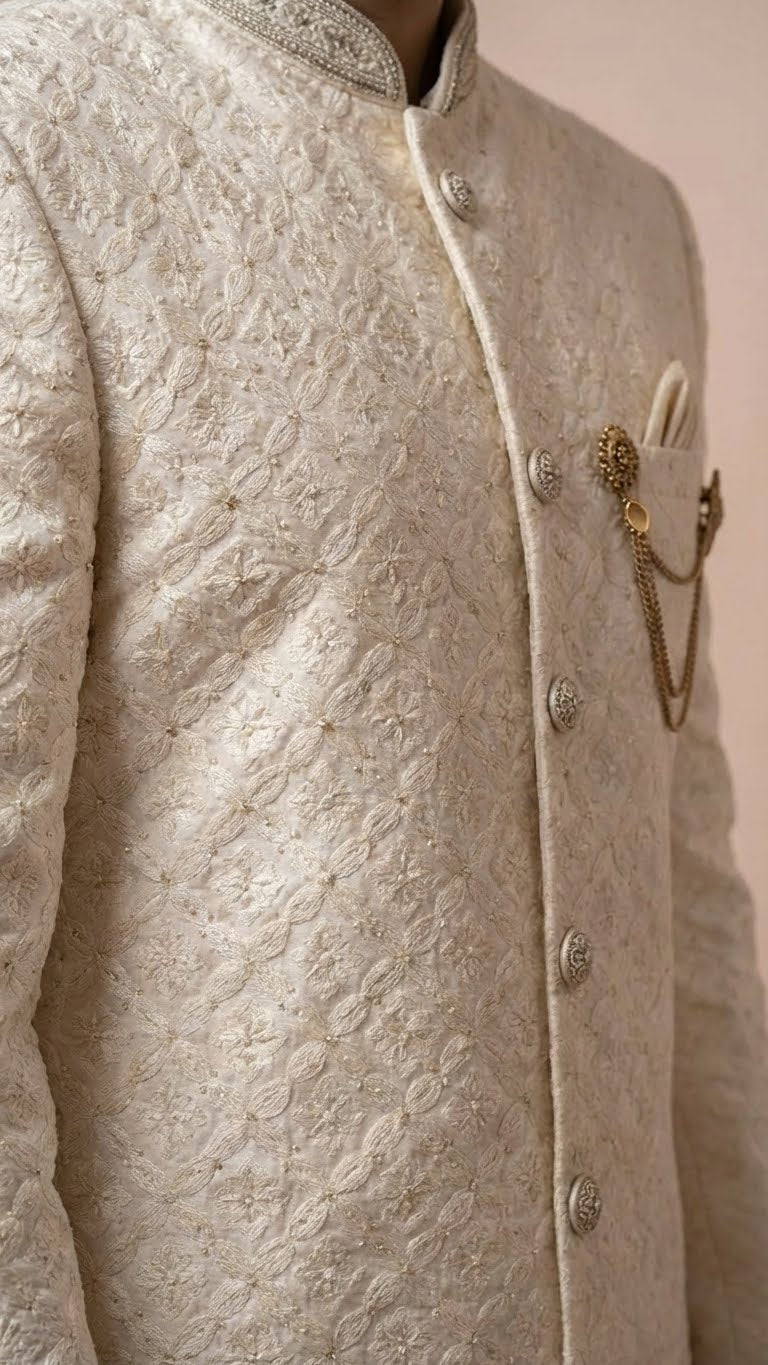 Cream Textured Embroidered Wedding Sherwani Set