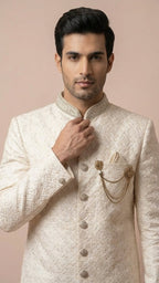 Cream Textured Embroidered Wedding Sherwani Set