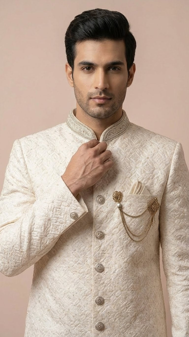 Cream Textured Embroidered Wedding Sherwani Set