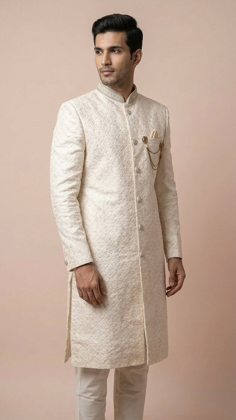 Cream Textured Embroidered Wedding Sherwani Set