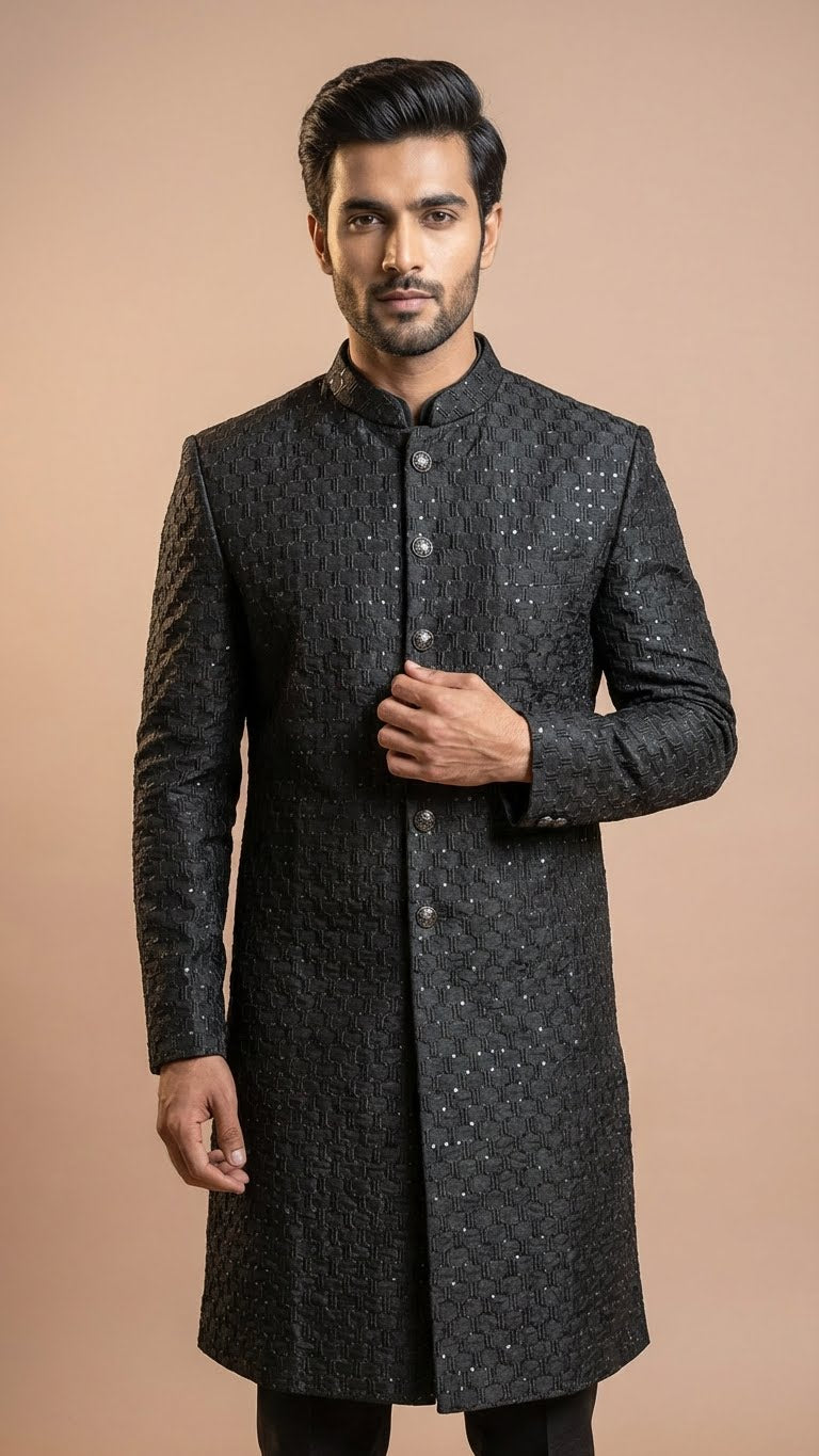 Midnight Charcoal Geometric Embroidered Sherwani Set