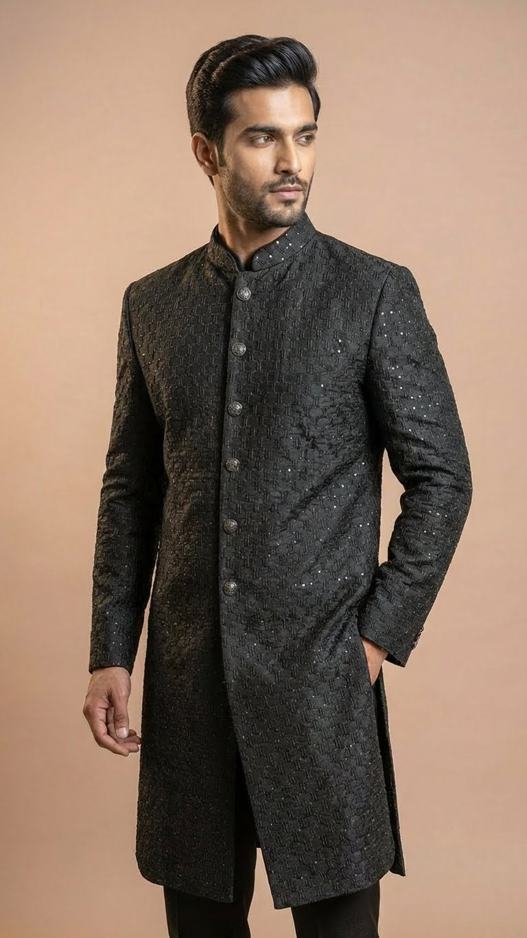Midnight Charcoal Geometric Embroidered Sherwani Set