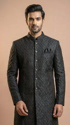 Midnight Charcoal Geometric Embroidered Sherwani Set