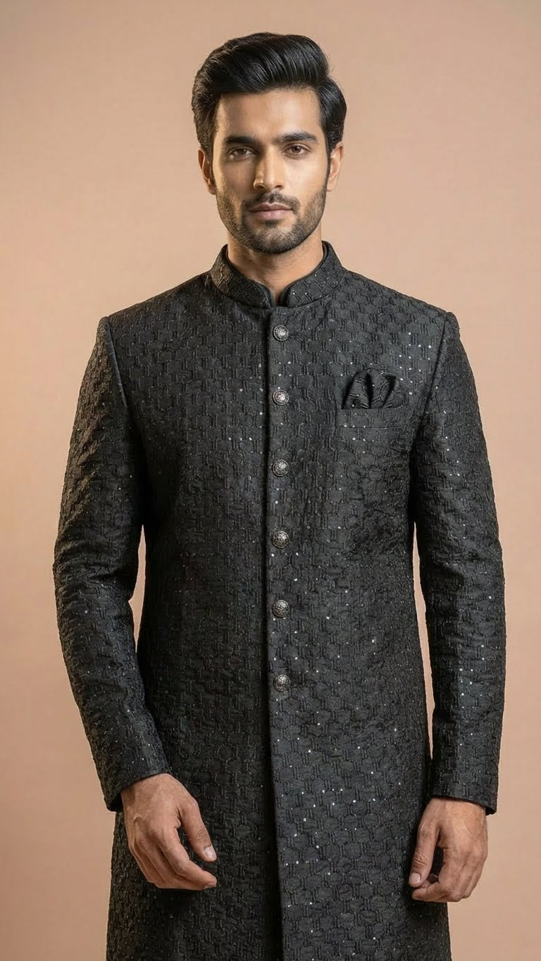 Midnight Charcoal Geometric Embroidered Sherwani Set