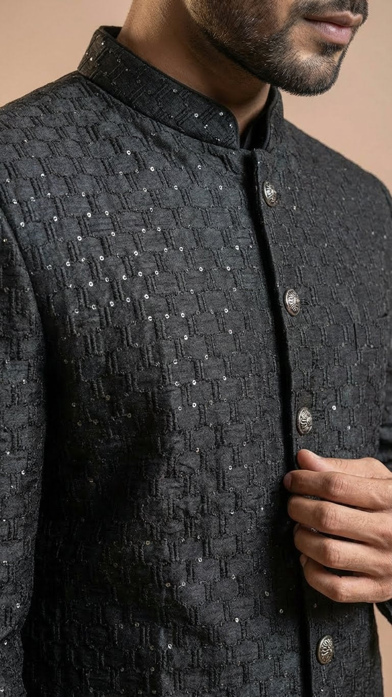 Midnight Charcoal Geometric Embroidered Sherwani Set