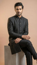 Midnight Charcoal Geometric Embroidered Sherwani Set