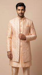 Peach-Nectar Floral Diamond Embroidered Sherwani Set