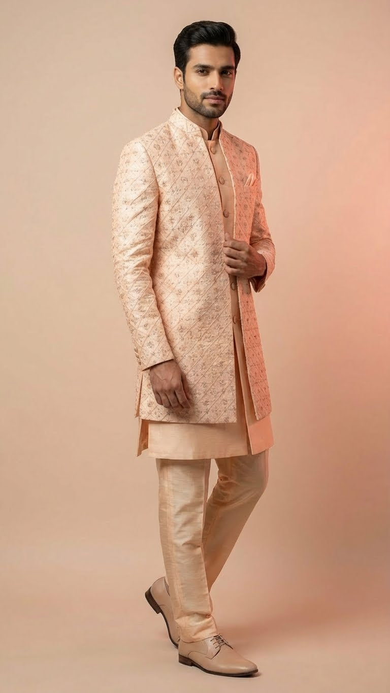 Peach-Nectar Floral Diamond Embroidered Sherwani Set