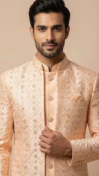 Peach-Nectar Floral Diamond Embroidered Sherwani Set