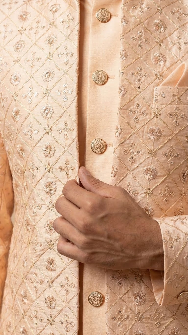 Peach-Nectar Floral Diamond Embroidered Sherwani Set