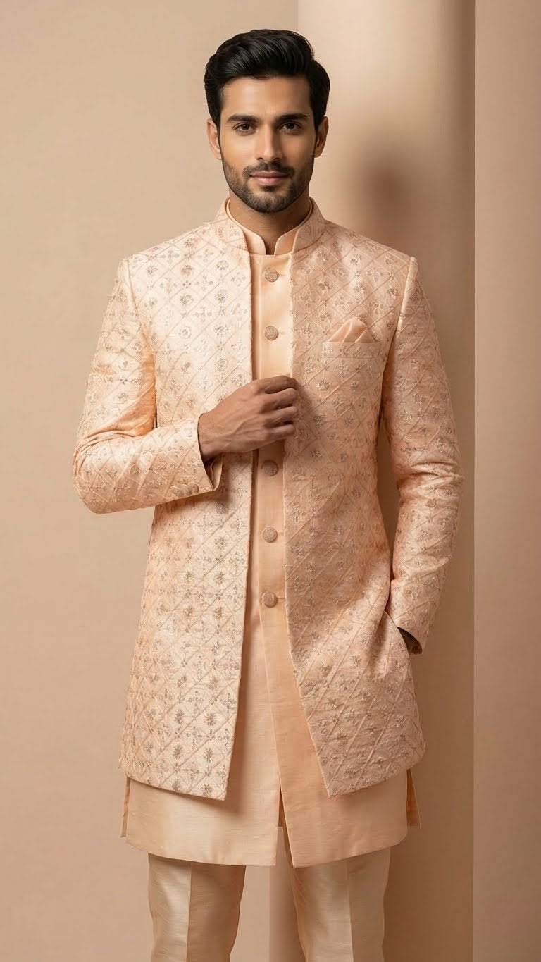 Peach-Nectar Floral Diamond Embroidered Sherwani Set