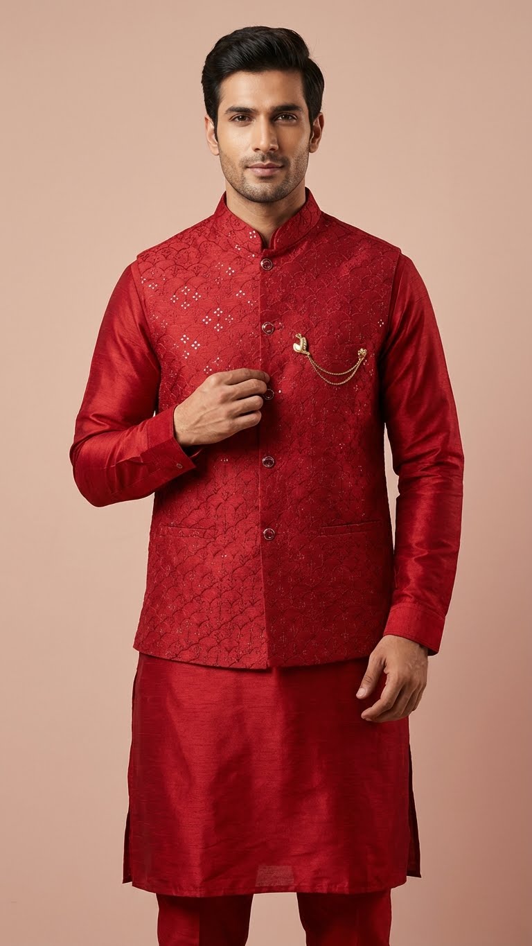 Crimson Red Embroidered Koti Set – Designer Kurta Pajama