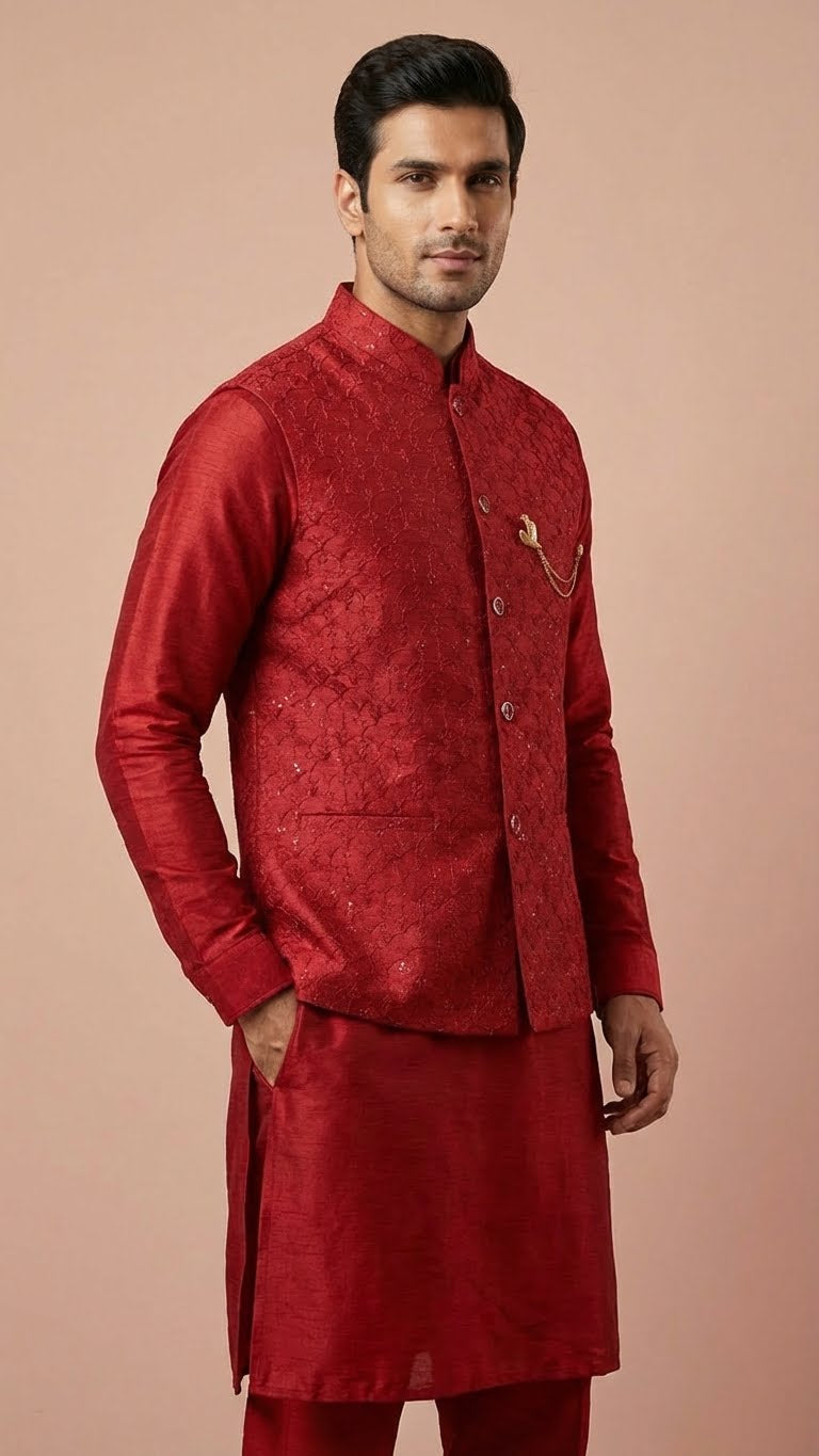 Crimson Red Embroidered Koti Set – Designer Kurta Pajama
