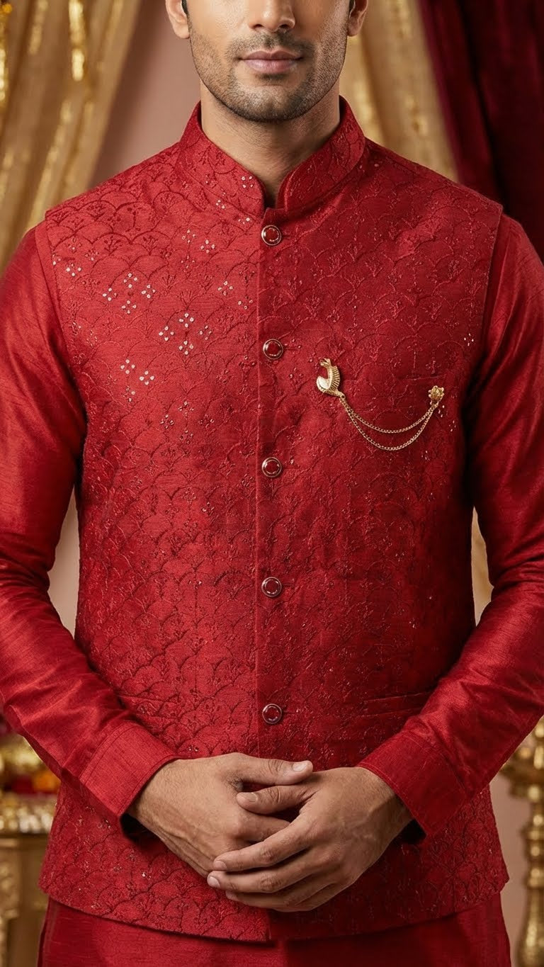 Crimson Red Embroidered Koti Set – Designer Kurta Pajama