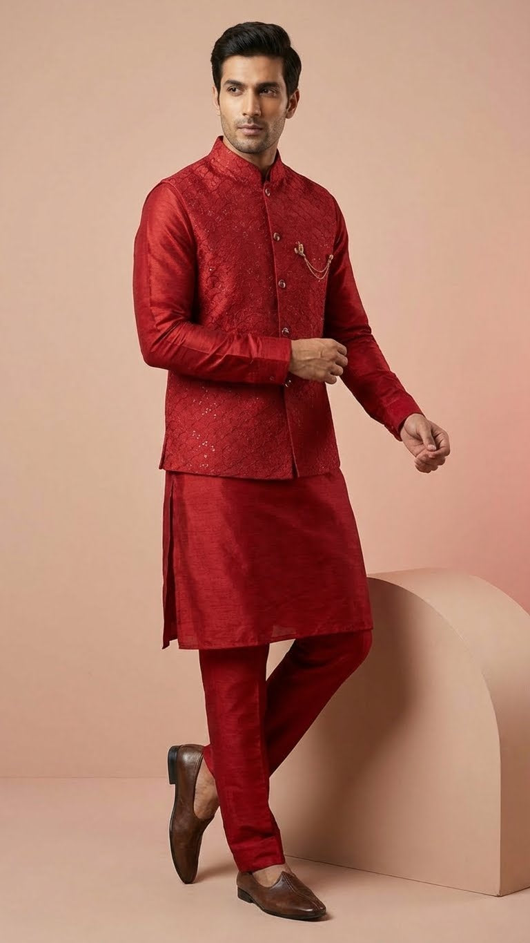 Crimson Red Embroidered Koti Set – Designer Kurta Pajama
