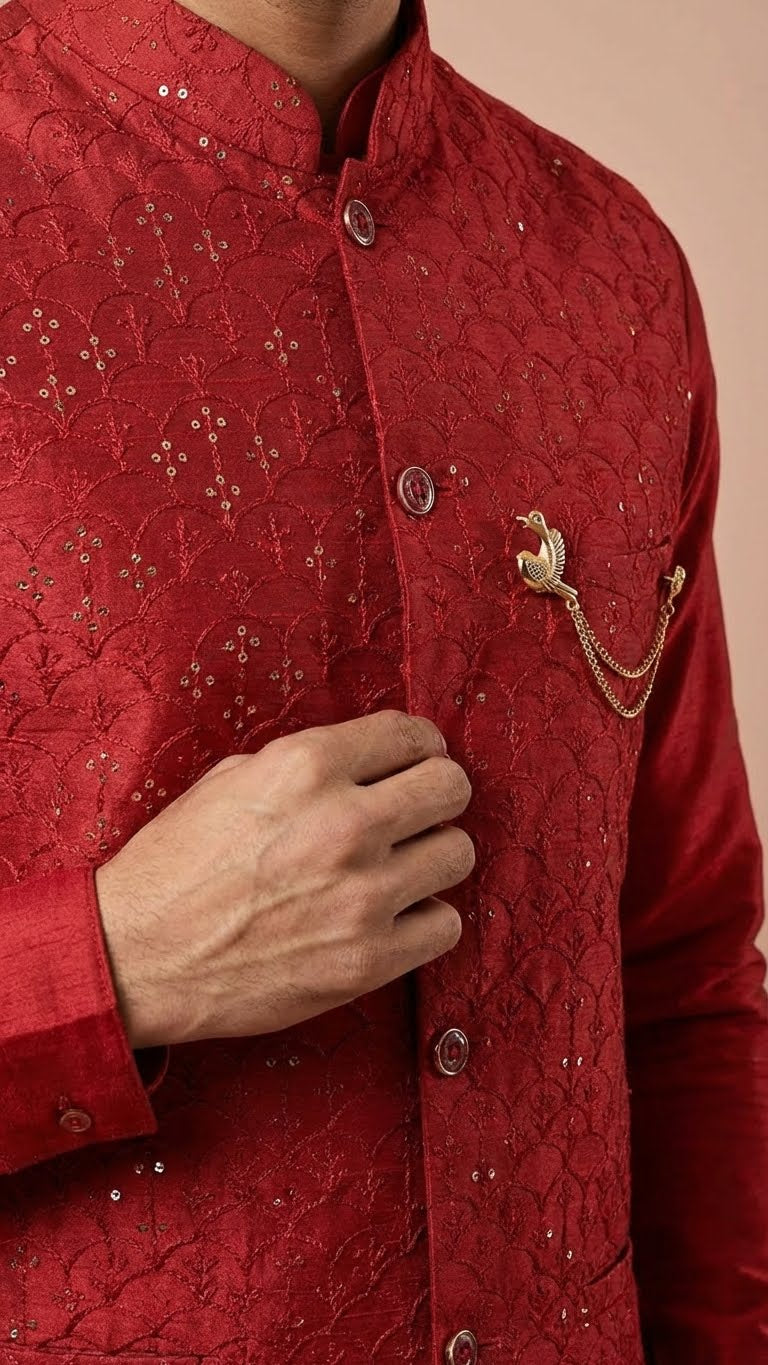 Crimson Red Embroidered Koti Set – Designer Kurta Pajama