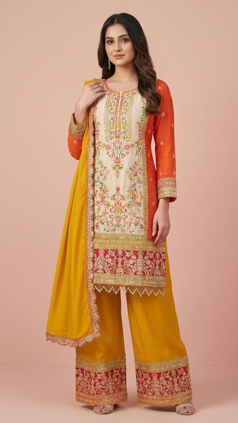 Sunset Orange & Mustard Chinon Suit