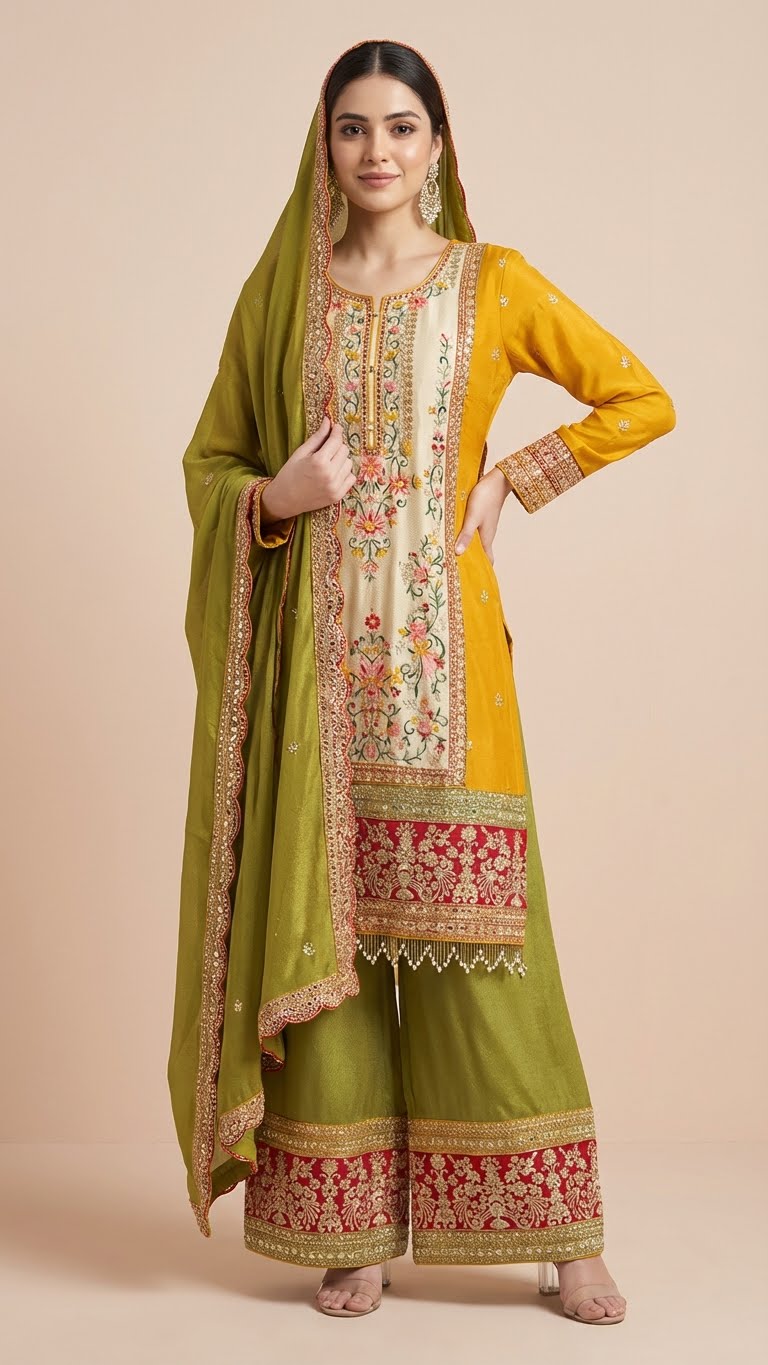 Olive Green & Mustard Chinon Suit