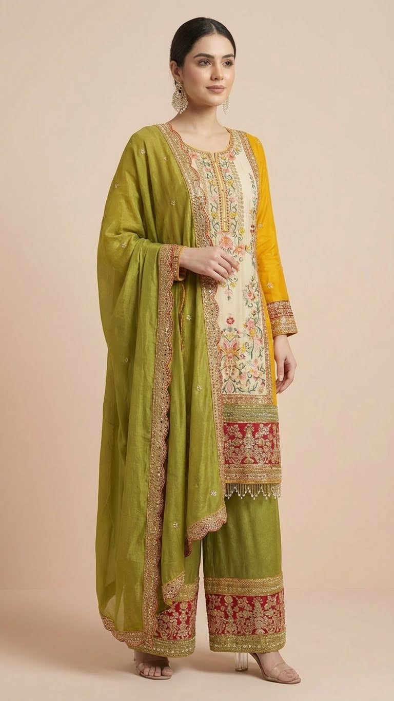 Olive Green & Mustard Chinon Suit