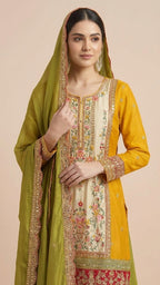 Olive Green & Mustard Chinon Suit
