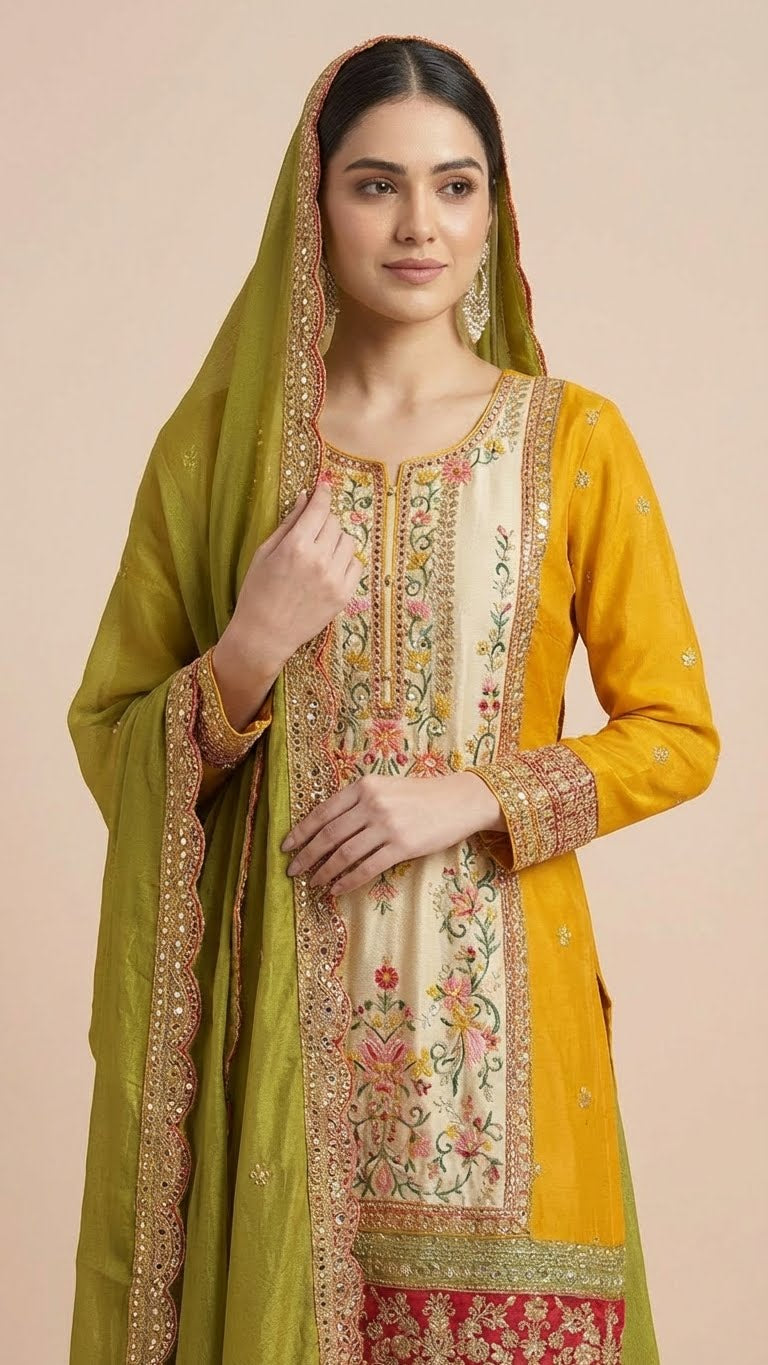 Olive Green & Mustard Chinon Suit